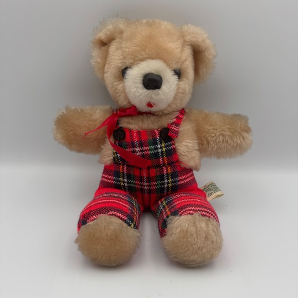 Vintage Dakin 1973 Teddy Bear Plush Toy Plaid‎ Overalls Red Green Blue Tartan